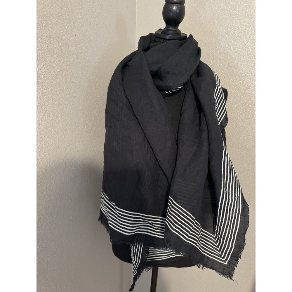 Nordstrom Thin Cotton & Linen Scarf 34 x 78” Stripe Trim Black White $79 NEW